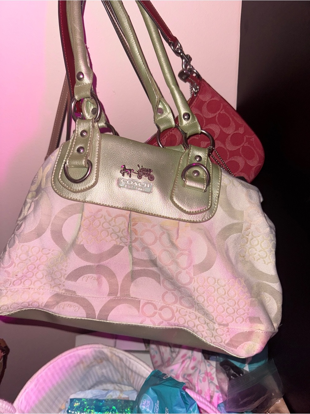 Coach Metallic Green Signature Canvas Shoulder Bag